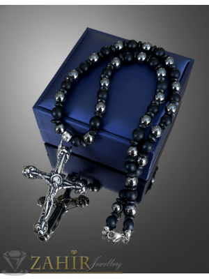 Мега як триизмерен стоманен кръст с Исус 7 на 5 см на колие в 2 размера черен оникс и хематит 8 мм  и дървесни рингове - MK1537